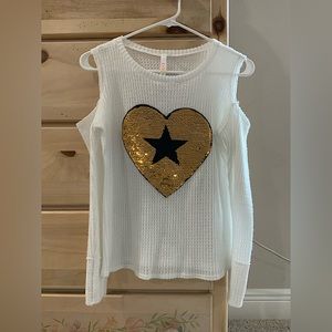 Soft Sequin White Top, Cutout Shoulders